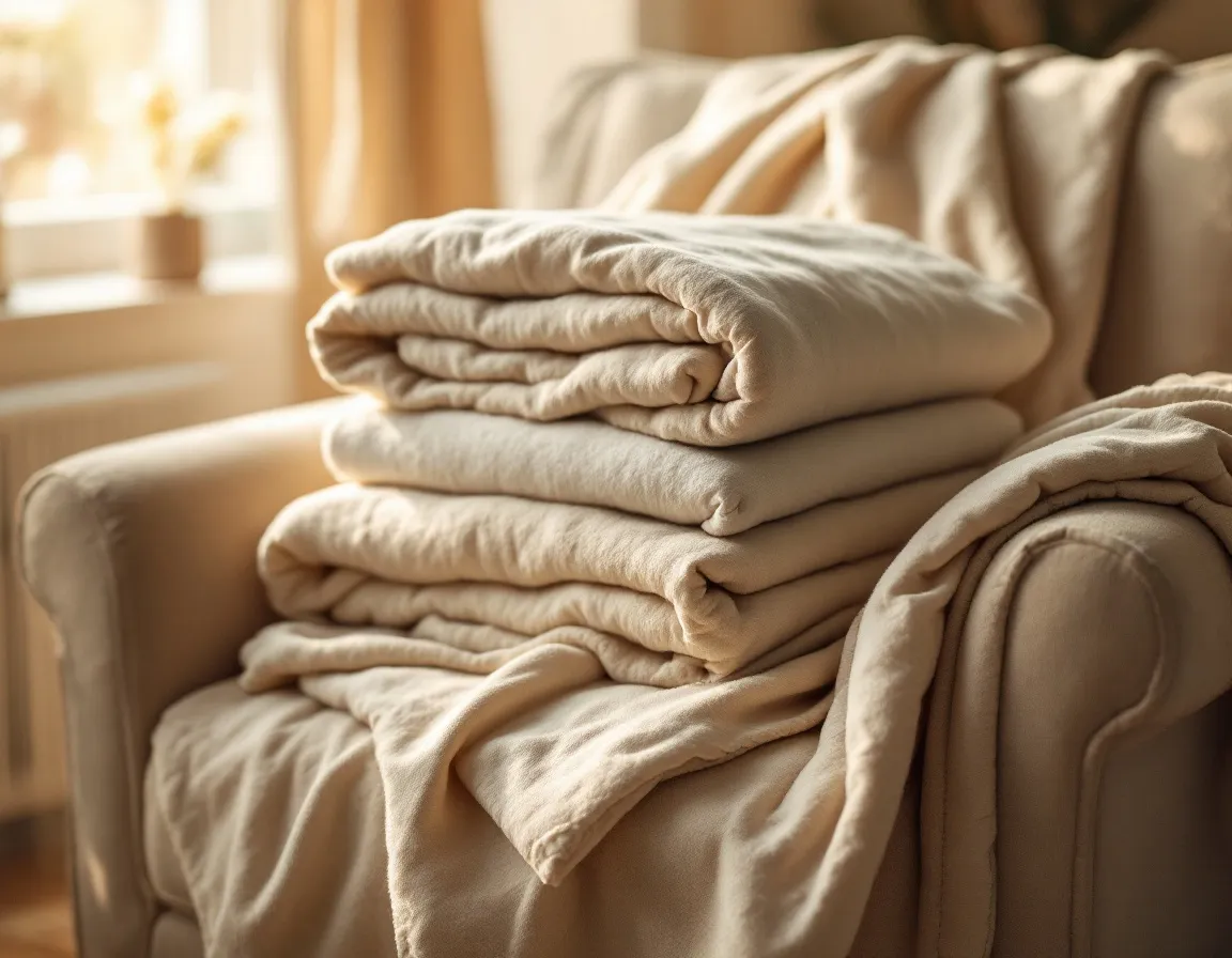Softly folded blankets and linen in a warm, cosy home