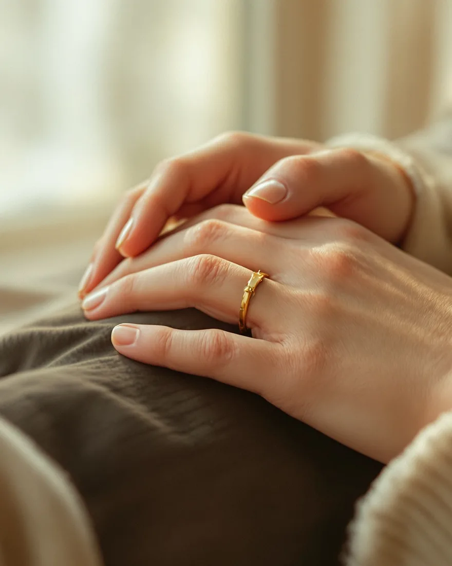Two hands gently resting together in soft warm light