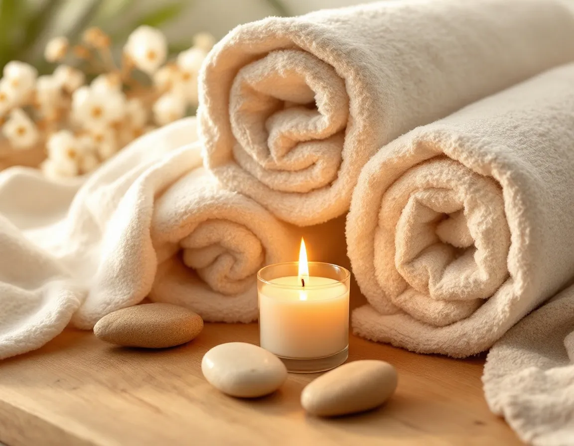 A lit candle, rolled towels and smooth stones in soft warm light